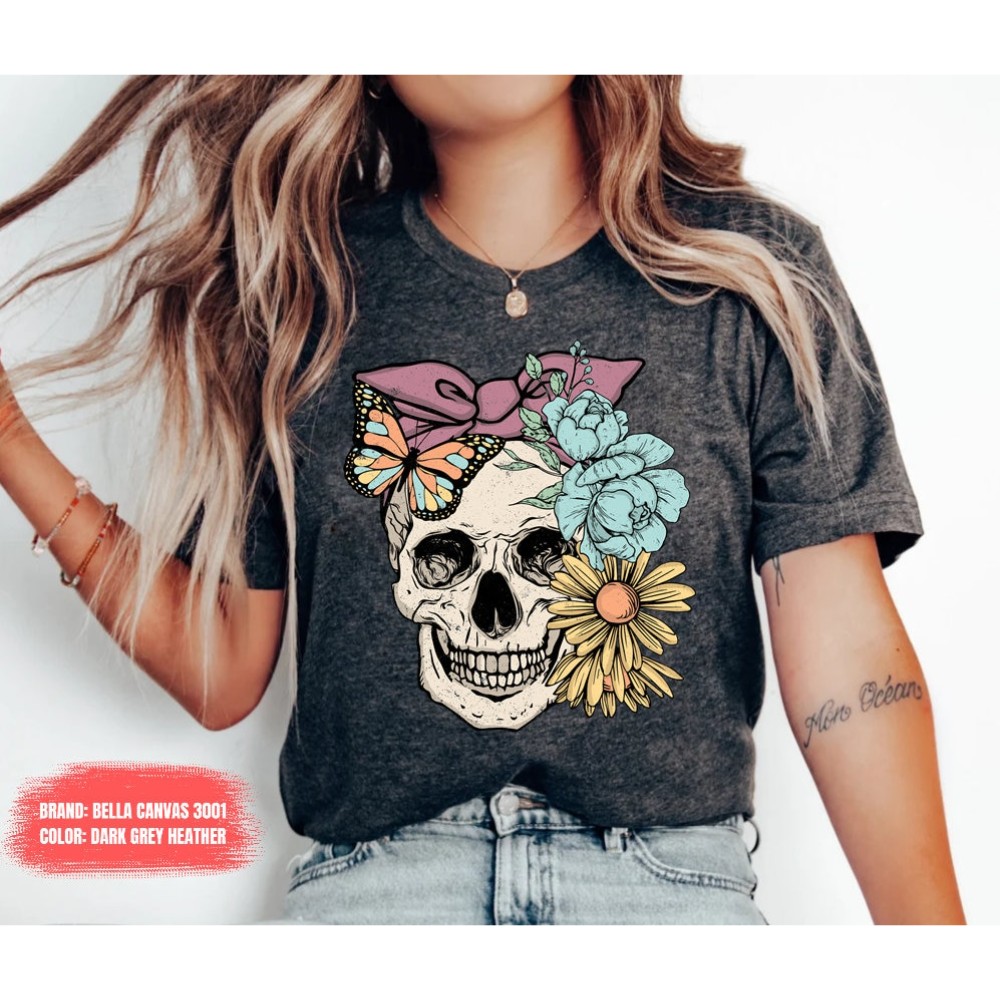 Bloom Skull Shirt, Halloween Shirt, Floral Skull Boho Graphic Tee, Womens Fall Shirt, Flower Skull Skeleton TShirt, Skeleton Blooms.jpg