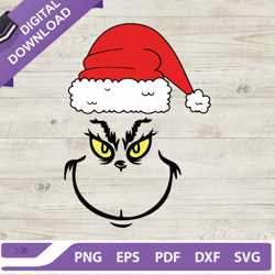 grinch face funny santa hat svg, grinch face svg, funny grinch christmas svg