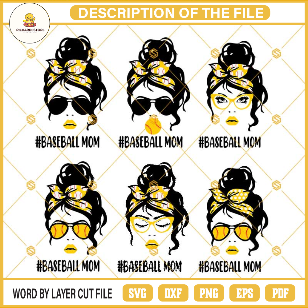 Baseball Mom Svg, Mom Life Svg, Baseball Svg, Woman With Bandana Svg, Girl Sport Svg, Messy Bun Hair Svg Png Dxf Eps For Cricut, For Silhouette.jpg