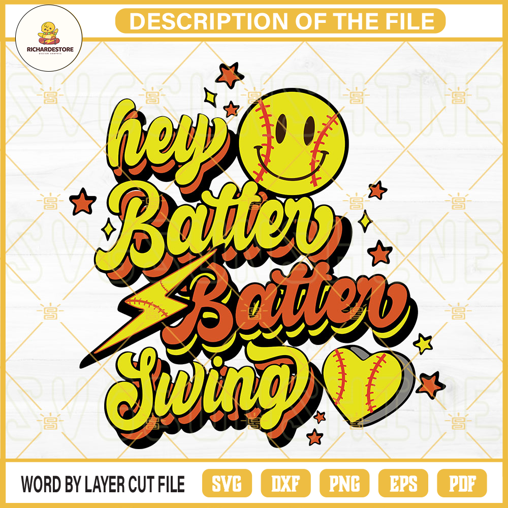 Hey Batter Batter Swing Softball SVG, Retro Smiley Face SVG, Summer Sports SVG PNG DXF EPS.jpg