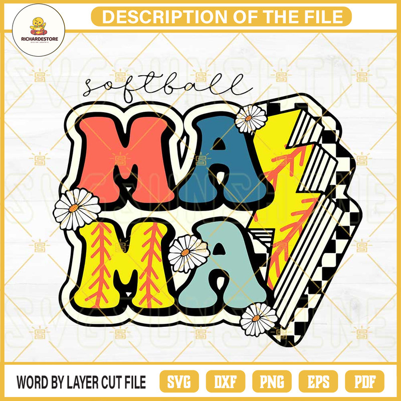Retro Softball Mama SVG, Groovy SVG, Lightning Bolt SVG, Cute Softball Mom SVG PNG DXF EPS.jpg