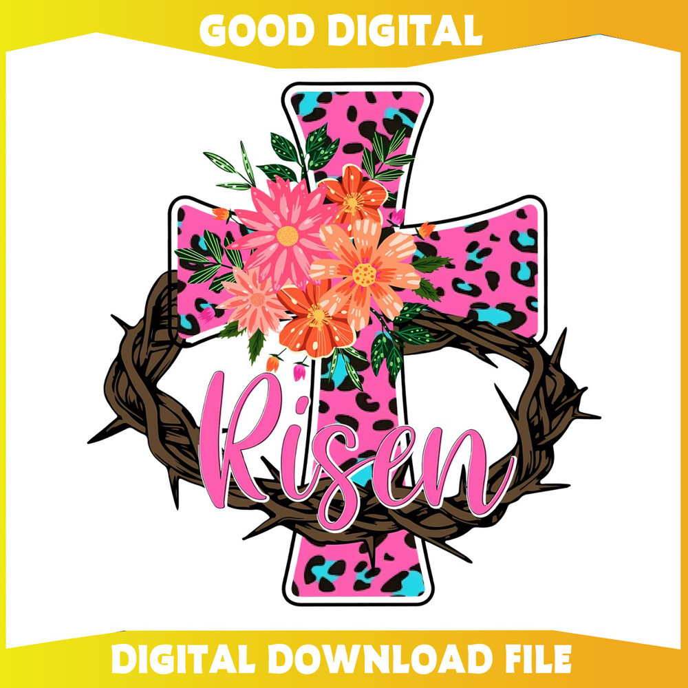Floral Cross He Is Risen Christian Easter PNG.jpg