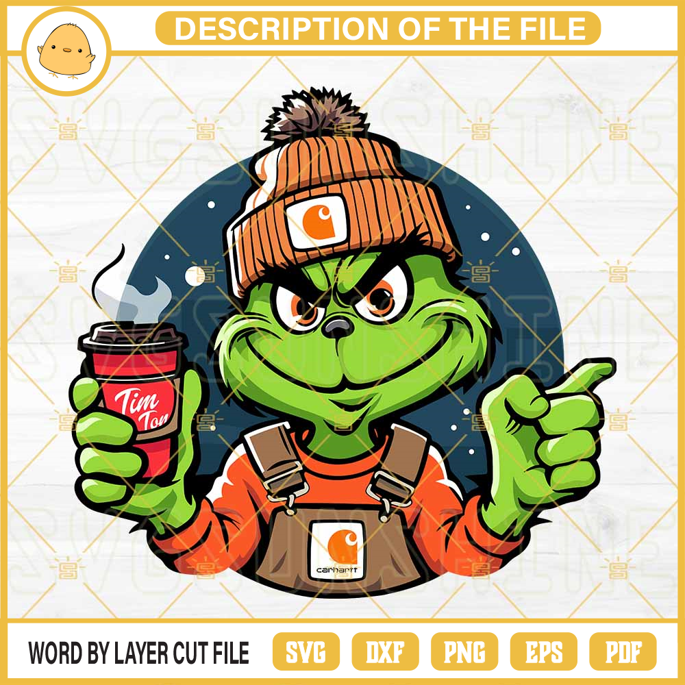 Carhartt Grinch Tim Hortons Coffee SVG, Bougie Grinch SVG, Grinch Drinking Coffee SVG PNG Files.jpg
