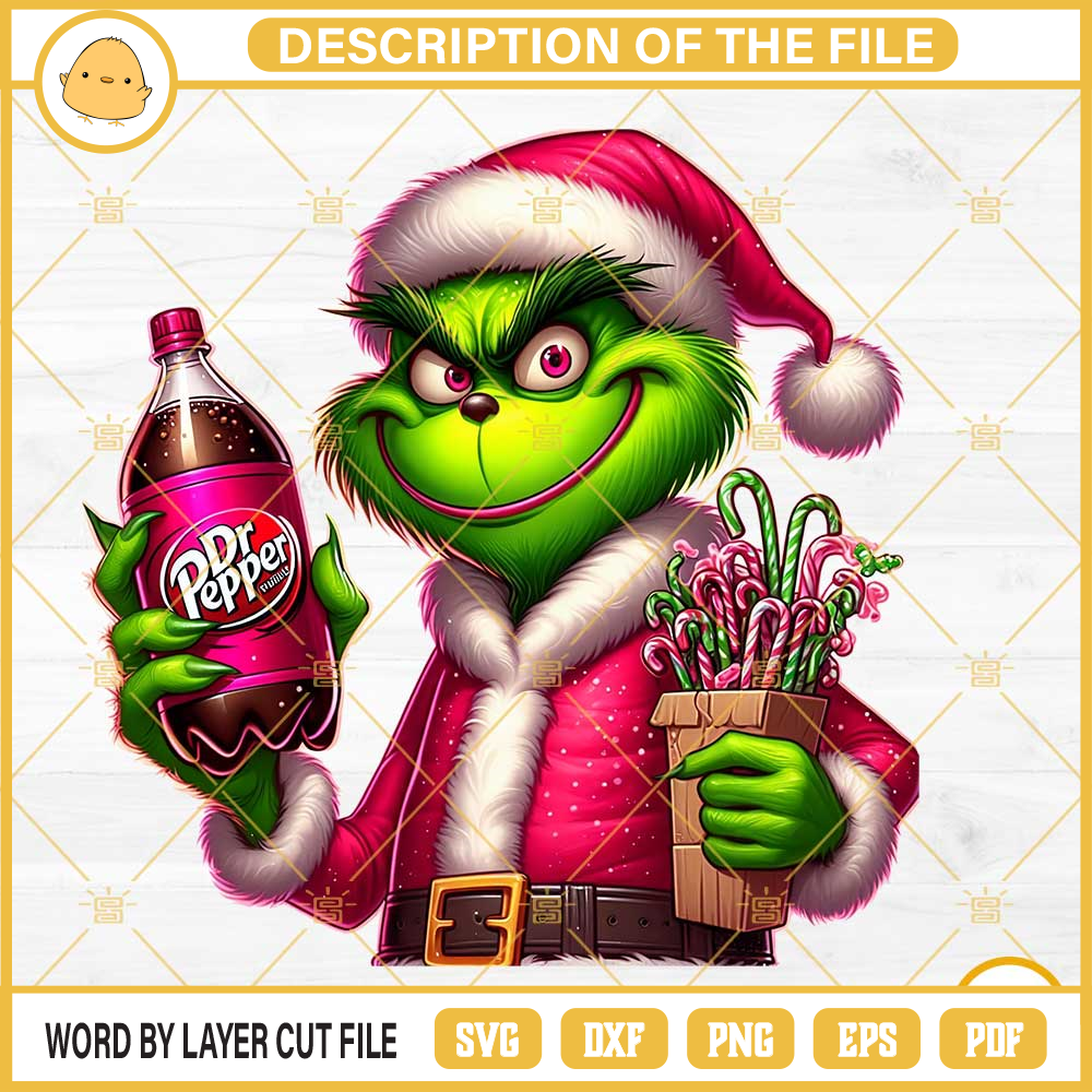 Grinch With Dr Pepper And Candy Cane PNG, Grinch Dr Pepper Christmas PNG.jpg