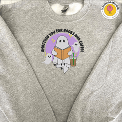 books and coffee ghost embroidery machine design, halloween spooky season embroidery design, book nerd ghost reading emb