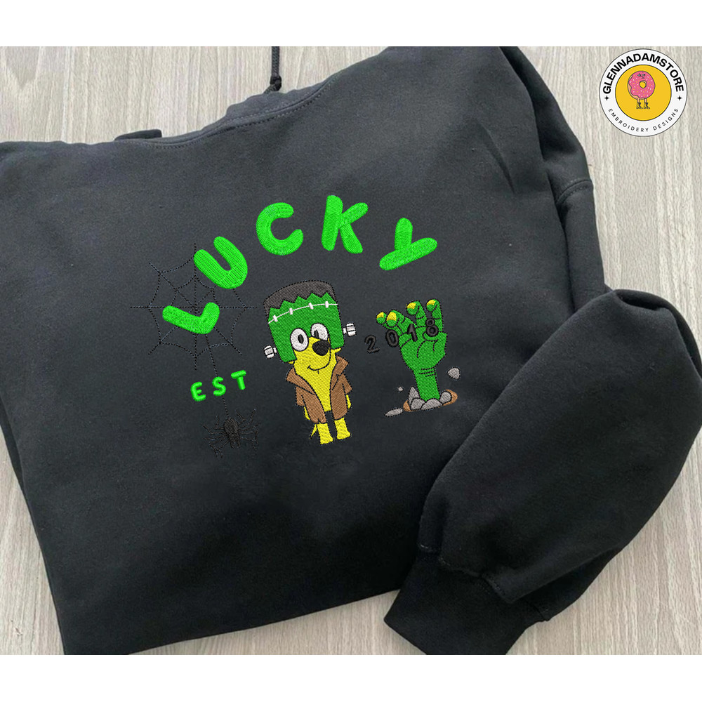 Lucky EST 2018 Halloween Embroidery Design, Happy Haloween Embroidery File, Blue Dog Cartoon Embroidery Design, Halloween Trending Design, 3 Sizes.png