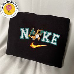nike x charizard embroidered sweatshirt, pokemon anime embroidered sweatshirt, custom anime embroidered crewneck, anime