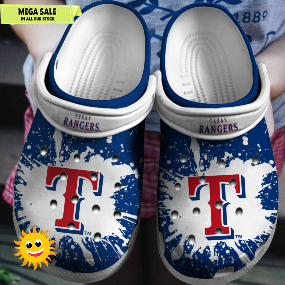Texas Rangers Baseball WhiteBlue Theme Displayed on Clog Shoes  365crocs 1jpg