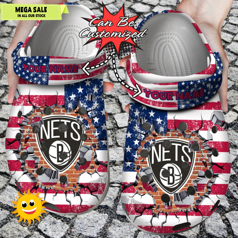 Basketball Personalized Brooklyn Nets American Flag Breaking Wall Clog Shoes 365crocsjpg