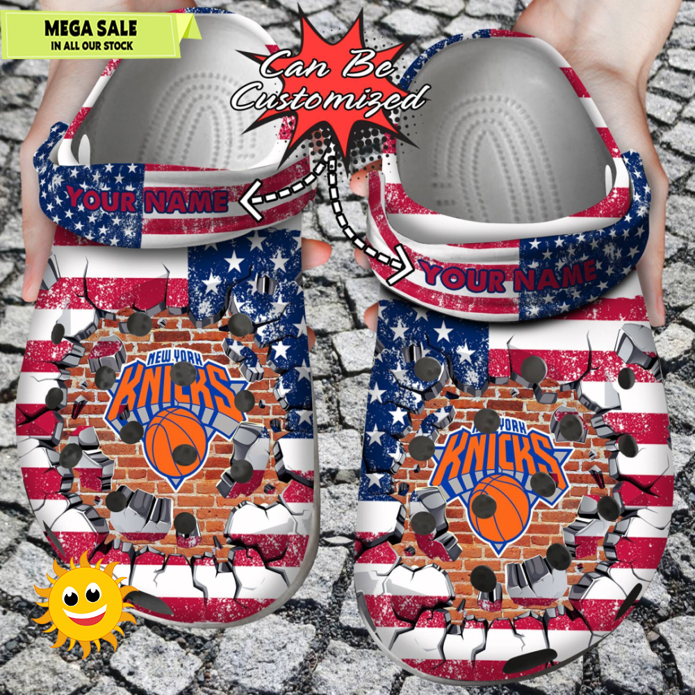Basketball Personalized NY Knicks American Flag Breaking Wall Clog Crocs Shoes 365crocsjpg