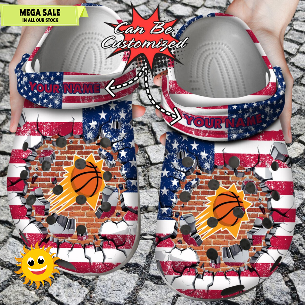 Basketball Personalized Phoenix Suns American Flag Breaking Wall Clog Shoes 365crocsjpg
