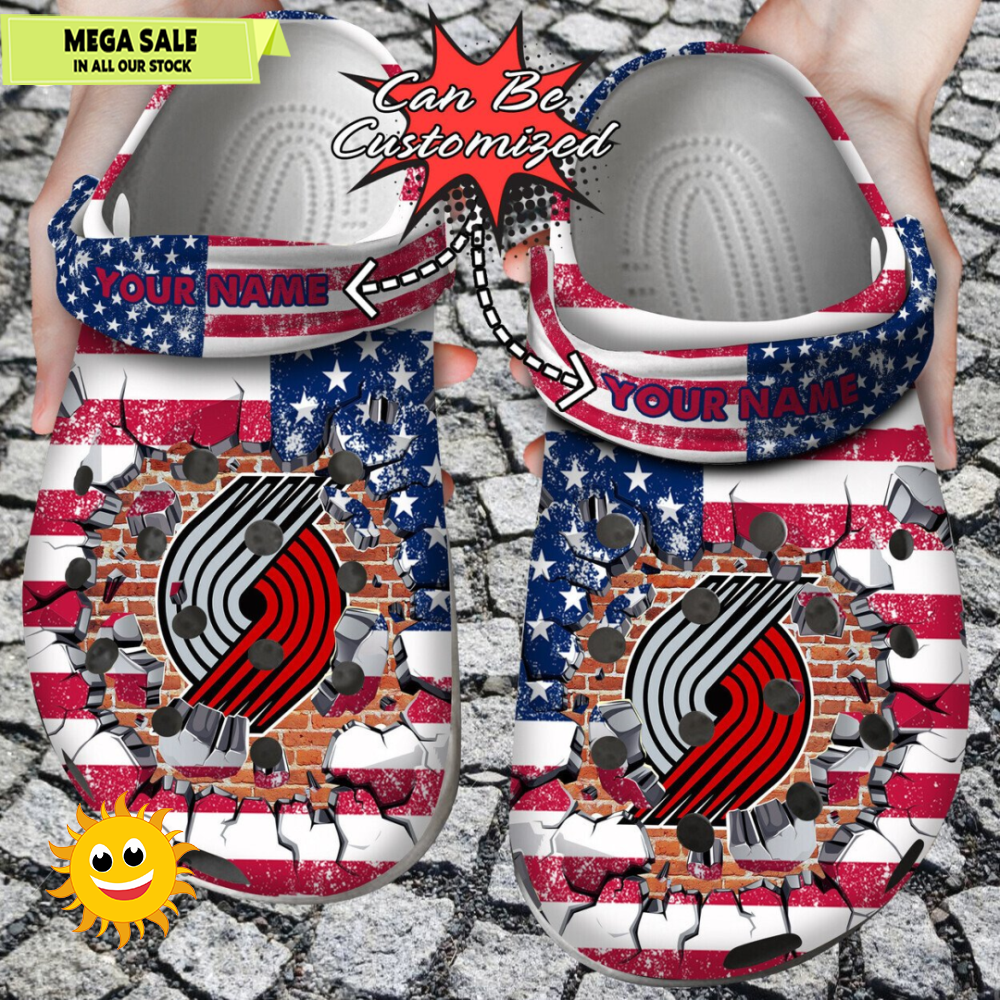 Basketball Personalized Portland Trail Blazers American Flag Breaking Wall Clog Shoes 365crocsjpg
