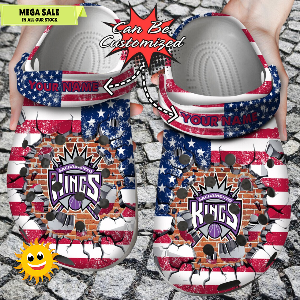 Basketball Personalized Sacramento Kings American Flag Breaking Wall Clog Shoes 365crocsjpg