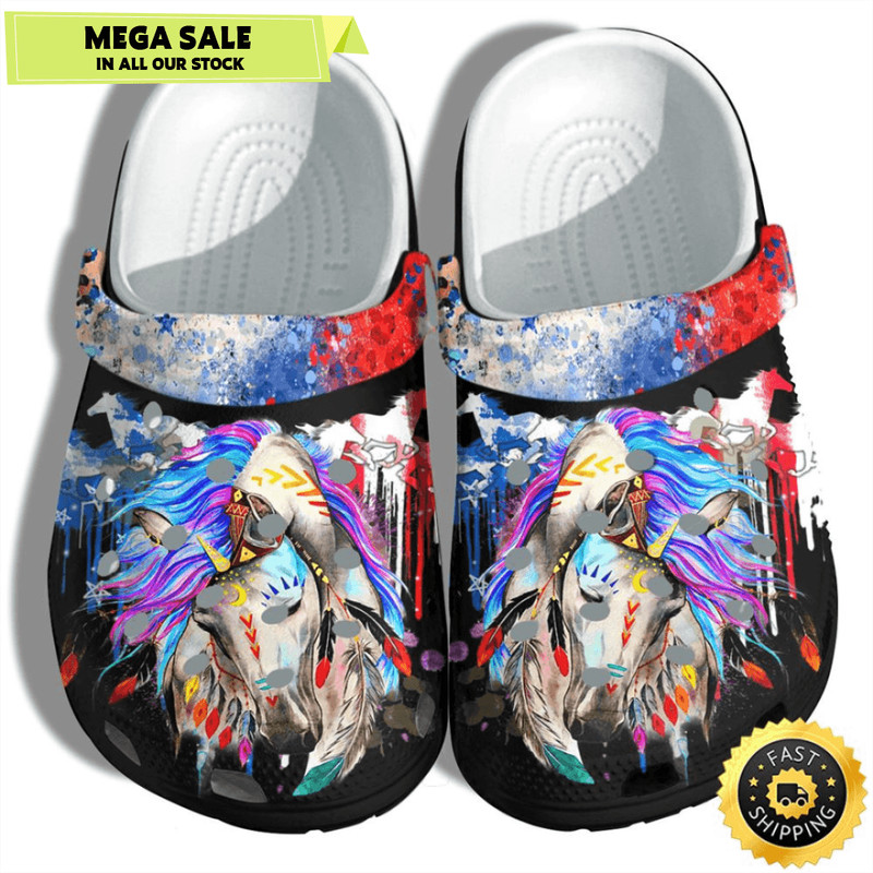 Magical Native Horses America Flag Clog Shoes Gift Women 0
