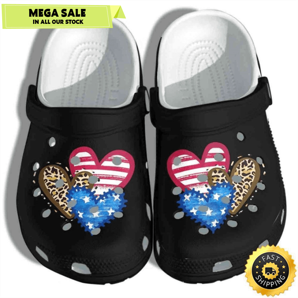 Leopard American Flag Hearts 4Th Of July Crocband Clogs 0