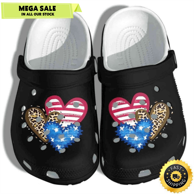 Leopard American Flag Hearts 4Th Of July Crocband Clogs 0