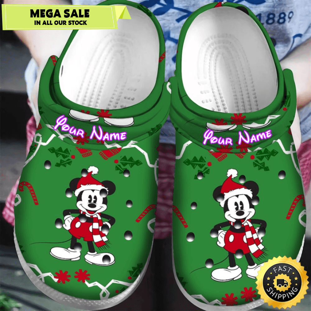 Disney Mickey Mouse Christmas Mickey Green Personalized Name Crocs Clogs Shoes Comfortable 0