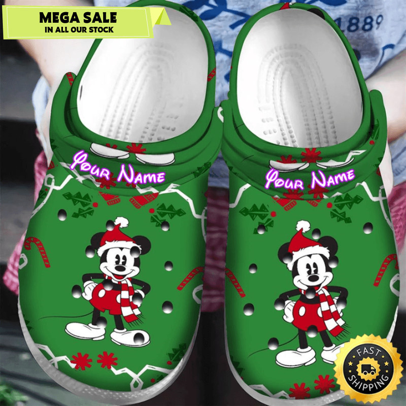 Disney Mickey Mouse Christmas Mickey Green Personalized Name Crocs Clogs Shoes Comfortable 0