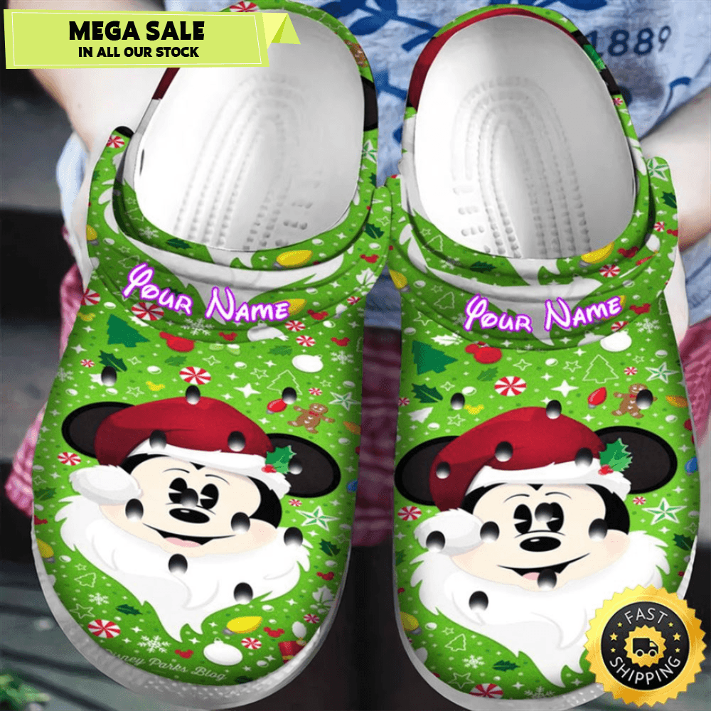 Disney Mickey Mouse Christmas Mickey Green Personalized Name Crocs Clogs Shoes Comfortable For Men 0
