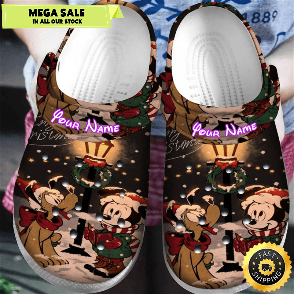 Disney Mickey Mouse Christmas Mickey And Pluto Blue Personalized Name Crocs Clogs Shoes Comfortabl 0