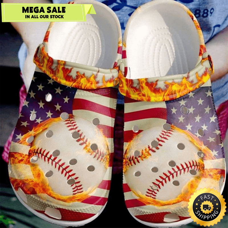Baseball On Fire USA Flag 4th Of July Crocs Crocband Clogs 0