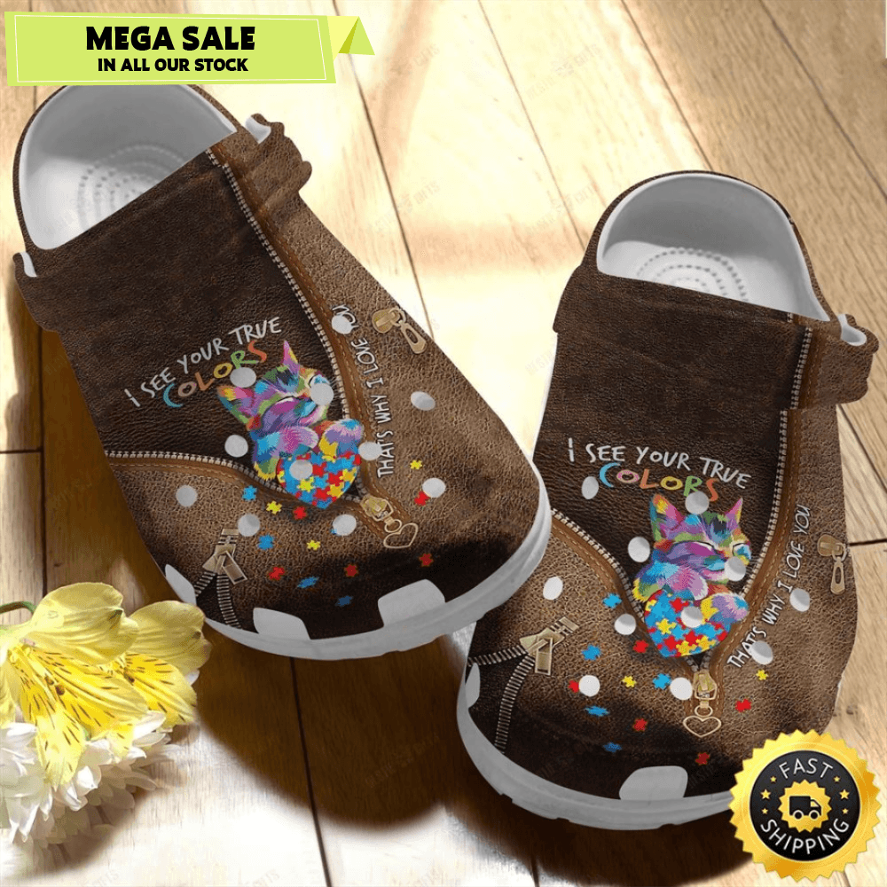 Autism Awareness Crocs Cute Cat I See Your True Colors Crocband Clog Shoes 0