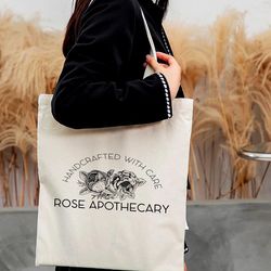 rose apothecary tote bag, schitt creek bag, rosebud motel bag, handcrafted with care, moira rose bag, david rose bag, sc