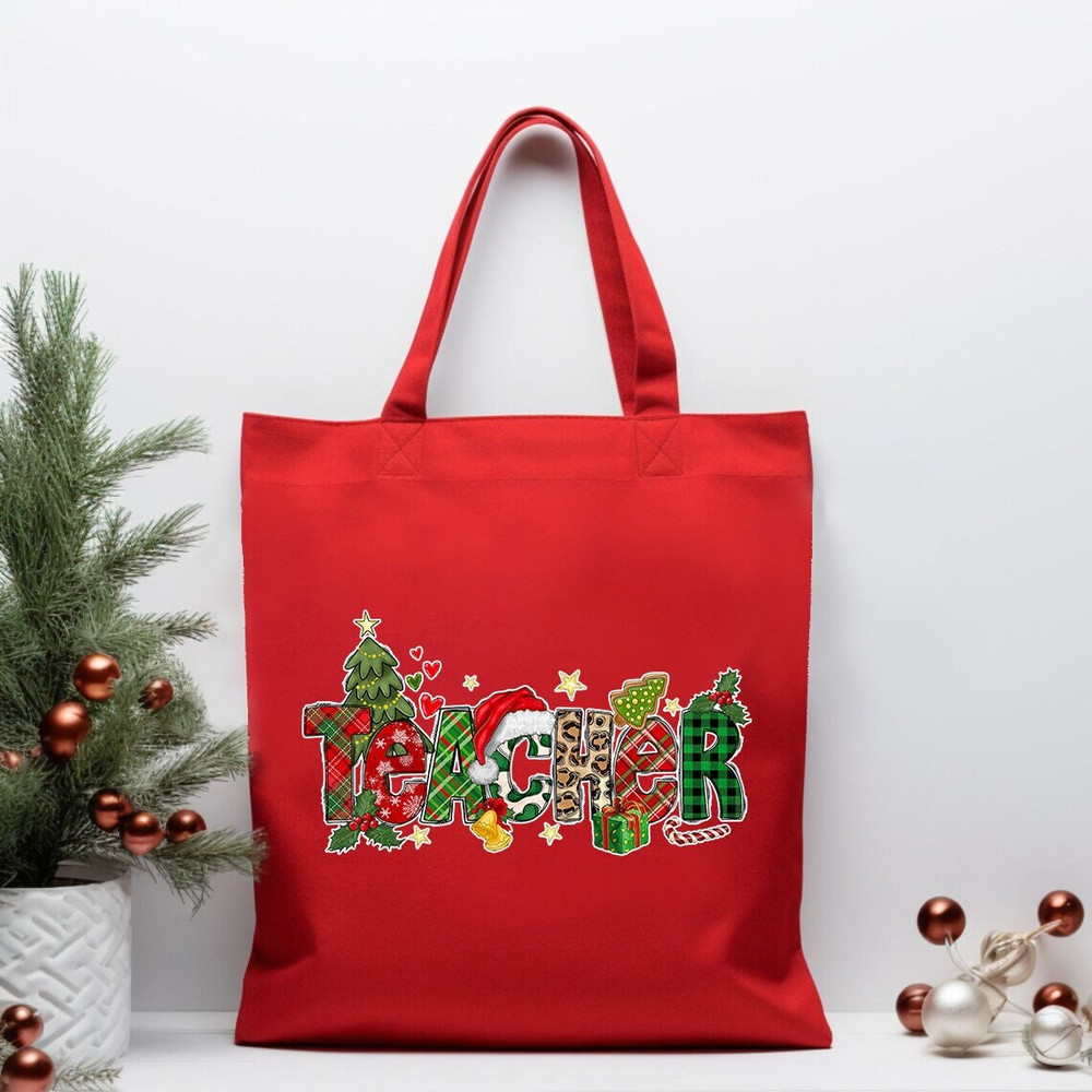 Christmas Teacher Tote Bag, Christmas Canvas Bag for School, Educator Xmas Gift, School Christmas Party, Teacher Shoulder Bag, Teacher Gift.jpg