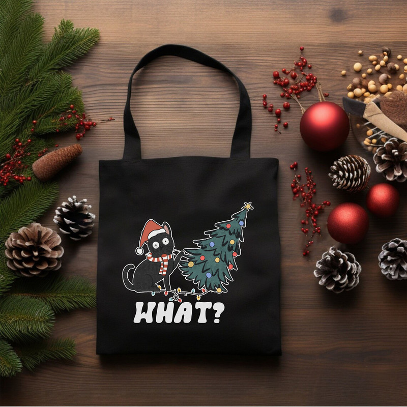 Cute Christmas Tote Bag, Kids Christmas Gifts, Christmas Canvas Bag, Xmas Accessories, Christmas Shoulder Bag, Black Cat and Christmas Tree.jpg
