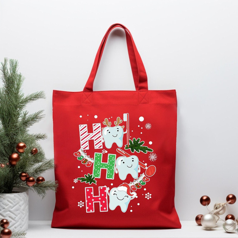 Dentist Ho Ho Ho Christmas Tote Bag, Dentist Xmas Gift, Dental Worker Christmas Canvas Bag, Xmas Vibes, Ornaments and Teeth, Shoulder Bag.jpg