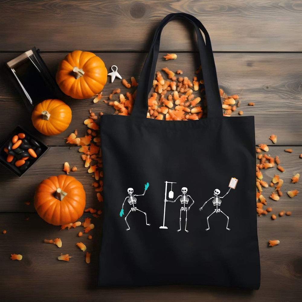Hospital Halloween Theme Tote Bag, Dancing Nurse Skeletons Canvas Bag, Haunted Hospital Party Accessories, Spooky Medical Staff Shoulder Bag.jpg