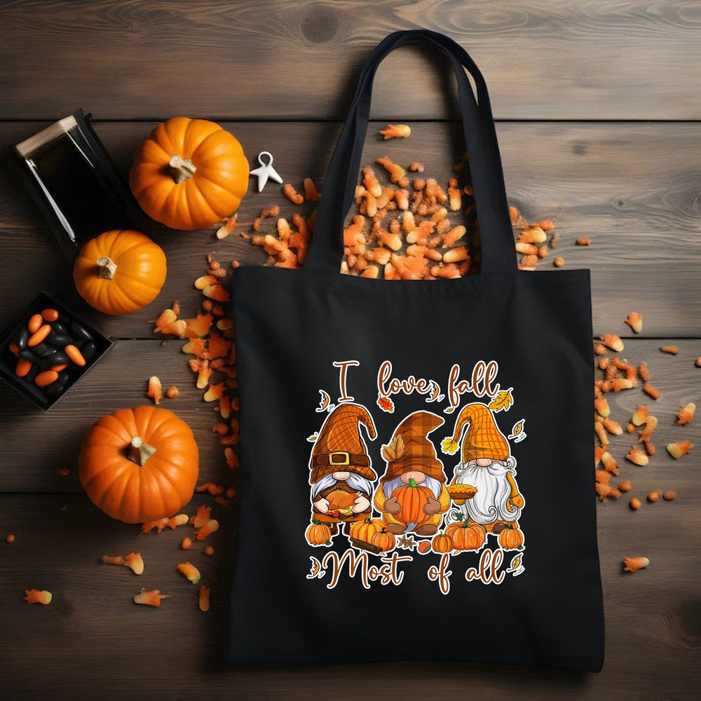 I Love Fall Most Of All Tote Bag, Fall Season Accessories, Gnome Design Canvas Bag, Harvest Season Shoulder Bag, Autumn Vibes Shopper Bag.jpg