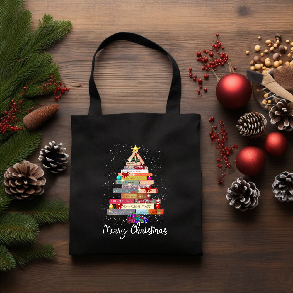 Merry Christmas, Christmas Tote Bag, Christmas Bag, Christmas Canvas Bag, Librarian Christmas Gift, Teacher Xmas Bag, Christmas Book Tree.jpg