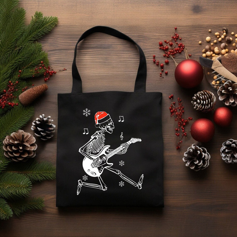 Skeleton Rockstar Tote Bag, Christmas Humor, Dancing Skeleton, Christmas Vibes, Santa Claus Tote Bag, Music Lover Gift, Christmas Canvas Bag.jpg
