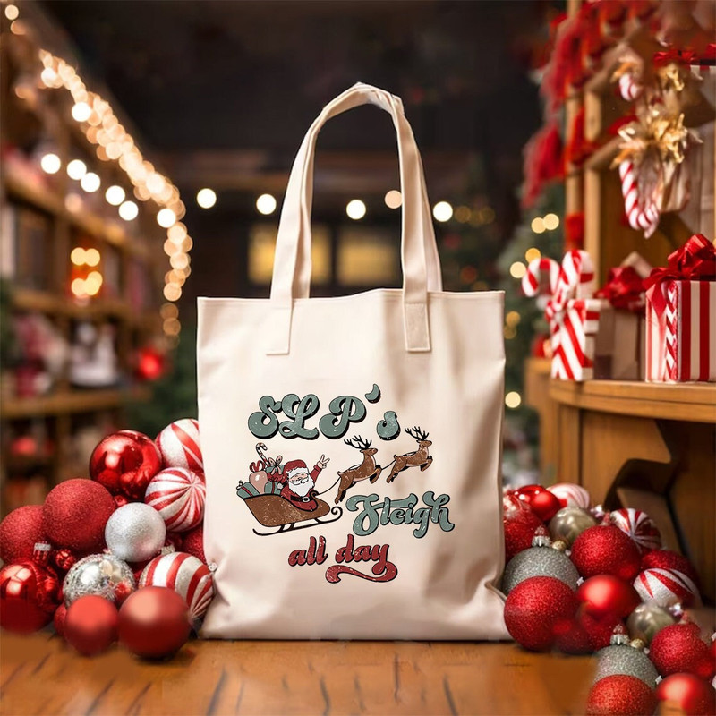 SLP's Sleigh All Day Tote Bag, SLP Christmas Canvas Bag, Speech Language Pathology, SLP Xmas Bag, Christmas Cotton Tote Bag, Everyday Bag.jpg