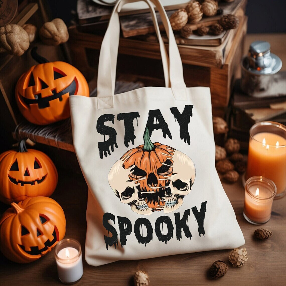 Stay Spooky Tote Bag, Creepy Halloween Canvas Bag, Scary Season Accessories, Skull and Pumpkin Shoulder Bag, Halloween Party Shopper Bag.jpg