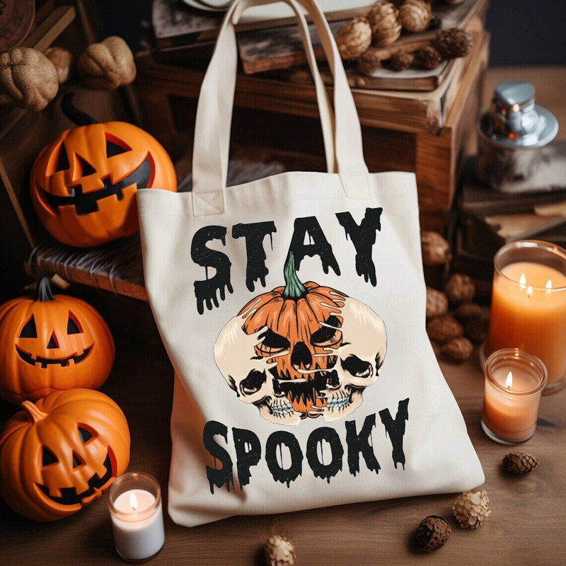 Stay Spooky Tote Bag, Creepy Halloween Canvas Bag, Scary Season Accessories, Skull and Pumpkin Shoulder Bag, Halloween Party Shopper Bag.jpg
