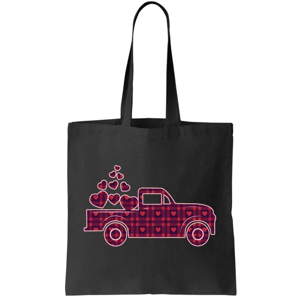 Cute Valentine's Day Plaid Pickup Truck With Hearts Tote Bag.jpg