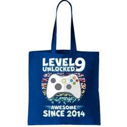 level 9 unlocked awesome since 2014 gamer birthday tote bag