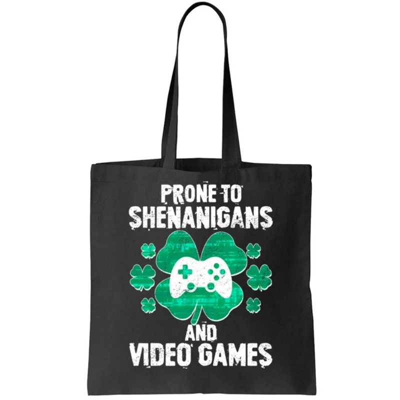 Prone To Shenanigans Video Games Shamrock Gamer Tote Bag.jpg