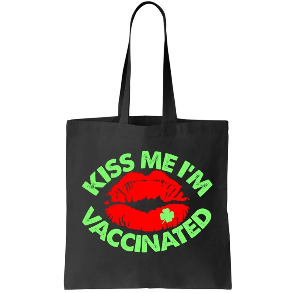St Patrick's Day Kiss Me I'm Vaccinated Lipstick Shamrock Tote Bag.jpg