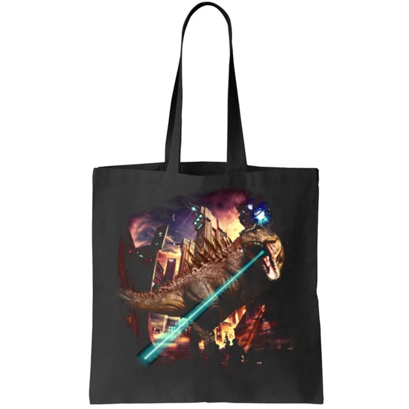 T-Rex Rexzilla Lazer Burning City Tote Bag.jpg