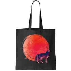 watercolor red moon and howling wolf tote bag