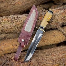 13'' bone bowie knife, camel hairs stitched in sheath, hunting knife, best gift