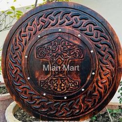helm of awe viking shield battle-ready shield wooden shield brown., celtic sword & shield wall art, celtic wooden shield