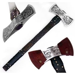 viking axe handmade carbon steel double headed axe with leather sheath, axe, viking axe, ragnar axe, battle axe, christm