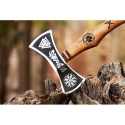 Double Blade Viking Ax | Custom Hand forged steel double blade Viking ax | Rose Wood handle Leather rapping