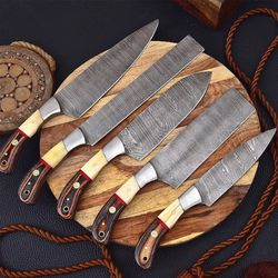 handmade damascus steel knives with camel bone and wood handle - chef knife kitchen set