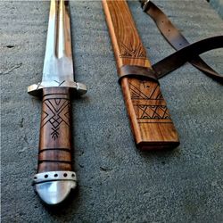 Handmade medieval norce sword viking sword handforges sword with wooden scaberd with runic words engraved