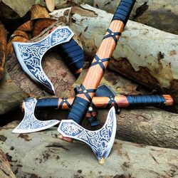 Ragnar Pair Viking Axes, Hand Forget Carbon Steel Viking Bearded Battle Axes With Rose Wood Shaft, Bes For Gifts Birthda